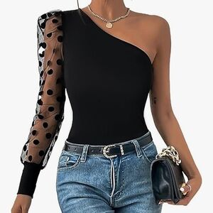 Women's Fashion One Shoulder Polka Dot Mesh Puff Sleeve Rib Slim Blouse Shirt